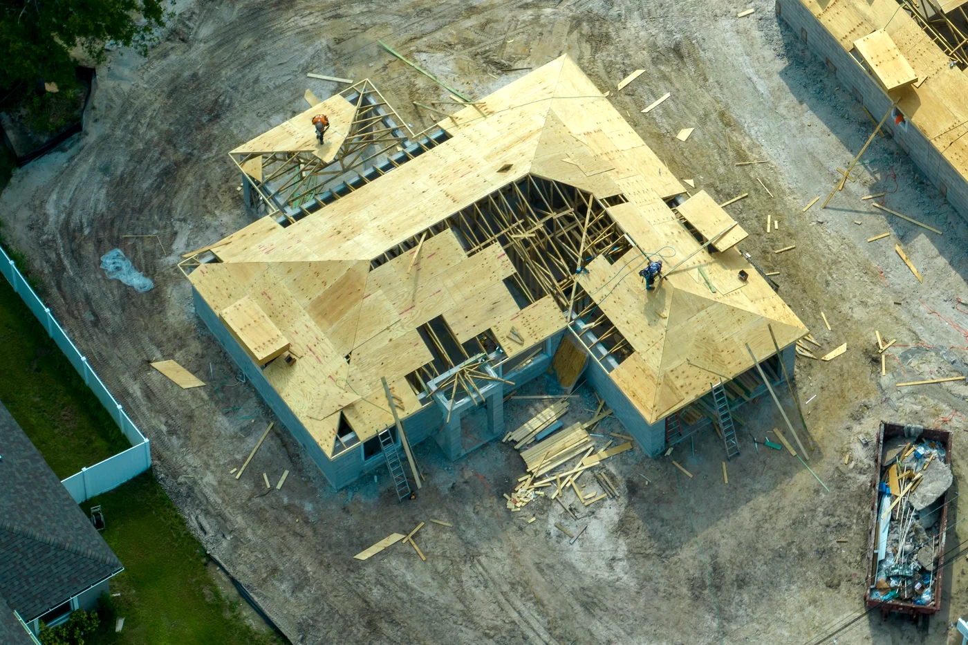 Aerial view of a home under framing